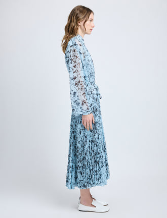 Proenza Schouler Side full length image of model wearing Jones Dress in Printed Crinkle Chiffon in Sky Blue Multi