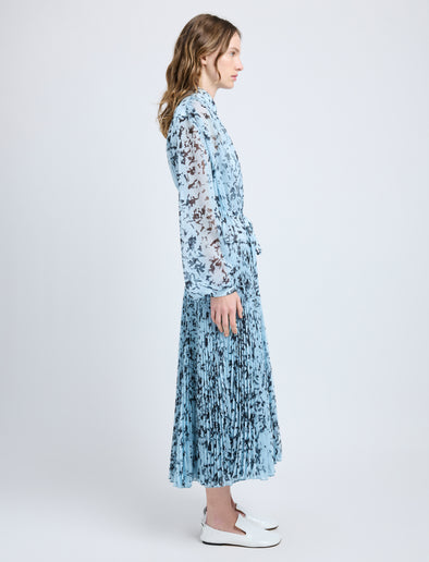 Proenza Schouler Side full length image of model wearing Jones Dress in Printed Crinkle Chiffon in Sky Blue Multi