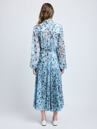 Proenza Schouler Back full length image of model wearing Jones Dress in Printed Crinkle Chiffon in Sky Blue Multi