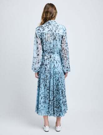 Proenza Schouler Back full length image of model wearing Jones Dress in Printed Crinkle Chiffon in Sky Blue Multi