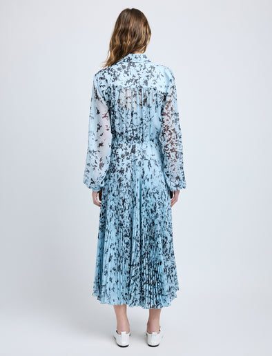Proenza Schouler Back full length image of model wearing Jones Dress in Printed Crinkle Chiffon in Sky Blue Multi