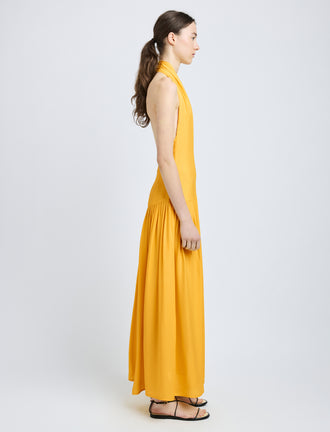 Proenza Schouler side image of model wearing Tala Dress in Viscose Georgette in lemon