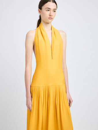 Proenza Schouler detail image of model wearing Tala Dress in Viscose Georgette in lemon