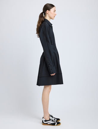 Proenza Schouler Side full length image of model wearing Sammy Dress in Eco Cotton Poplin in Black