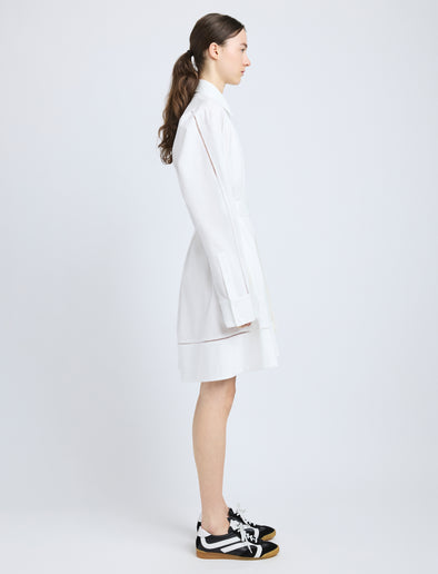 Proenza Schouler Side full length image of model wearing Sammy Dress in Eco Cotton Poplin in White