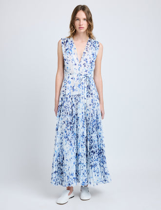 Proenza Schouler Front full length image of model wearing Pat Dress in Printed Crinkle Chiffon in Off White Multi