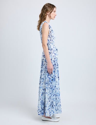 Proenza Schouler Side full length image of model wearing Pat Dress in Printed Crinkle Chiffon in Off White Multi