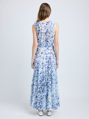 Proenza Schouler Back full length image of model wearing Pat Dress in Printed Crinkle Chiffon in Off White Multi