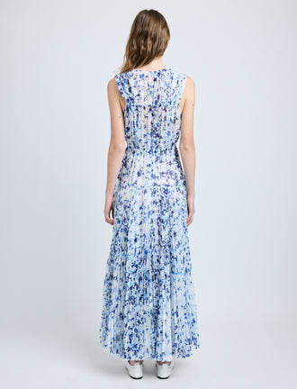 Proenza Schouler Back full length image of model wearing Pat Dress in Printed Crinkle Chiffon in Off White Multi
