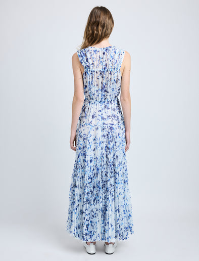 Proenza Schouler Back full length image of model wearing Pat Dress in Printed Crinkle Chiffon in Off White Multi