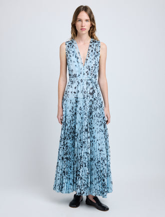 Proenza Schouler front image of model wearing Pat Dress in Printed Crinkle Chiffon in sky blue multi