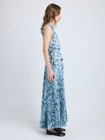 Proenza Schouler side image of model wearing Pat Dress in Printed Crinkle Chiffon in sky blue multi