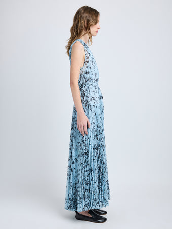 Proenza Schouler side image of model wearing Pat Dress in Printed Crinkle Chiffon in sky blue multi