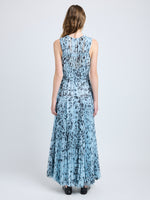 Proenza Schouler back image of model wearing Pat Dress in Printed Crinkle Chiffon in sky blue multi