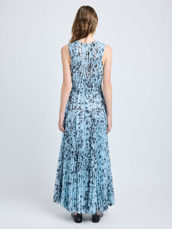 Proenza Schouler back image of model wearing Pat Dress in Printed Crinkle Chiffon in sky blue multi