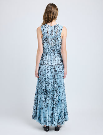 Proenza Schouler back image of model wearing Pat Dress in Printed Crinkle Chiffon in sky blue multi