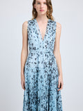 Proenza Schouler detail image of model wearing Pat Dress in Printed Crinkle Chiffon in sky blue multi