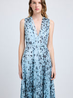 Proenza Schouler detail image of model wearing Pat Dress in Printed Crinkle Chiffon in sky blue multi