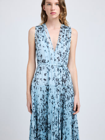 Proenza Schouler detail image of model wearing Pat Dress in Printed Crinkle Chiffon in sky blue multi