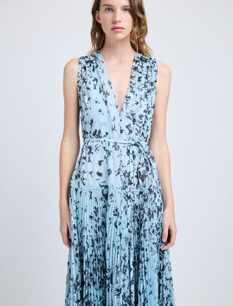 Proenza Schouler detail image of model wearing Pat Dress in Printed Crinkle Chiffon in sky blue multi