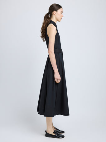Proenza Schouler Side full length image of model wearing Dorothy Dress in Eco Cotton Poplin in Black