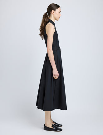 Proenza Schouler Side full length image of model wearing Dorothy Dress in Eco Cotton Poplin in Black