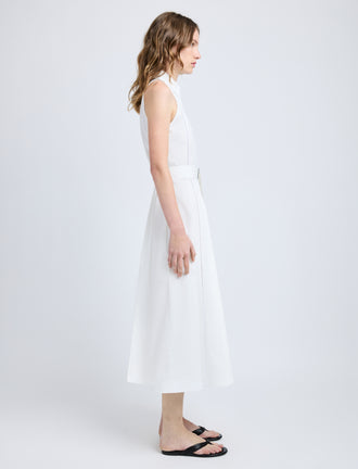 Proenza Schouler Side full length image of model wearing Dorothy Dress in Eco Cotton Poplin in White
