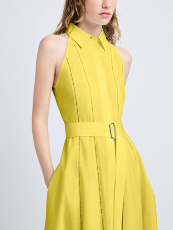 Proenza Schouler Detail image of model wearing Dorothy Dress in Eco Cotton Poplin in Yellow