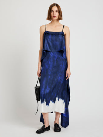 Proenza Schouler Front full length image of model wearing Wilma Dress in Double Printed Silk Twill in Cobalt Multi