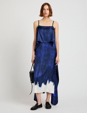 Proenza Schouler Front full length image of model wearing Wilma Dress in Double Printed Silk Twill in Cobalt Multi