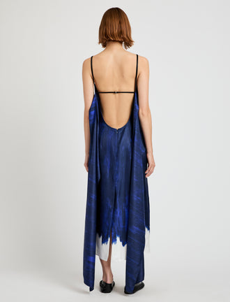 Proenza Schouler Back full length image of model wearing Wilma Dress in Double Printed Silk Twill in Cobalt Multi