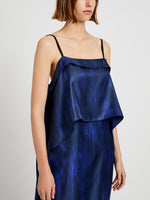 Proenza Schouler Detail image of model wearing Wilma Dress in Double Printed Silk Twill in Cobalt Multi