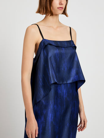 Proenza Schouler Detail image of model wearing Wilma Dress in Double Printed Silk Twill in Cobalt Multi