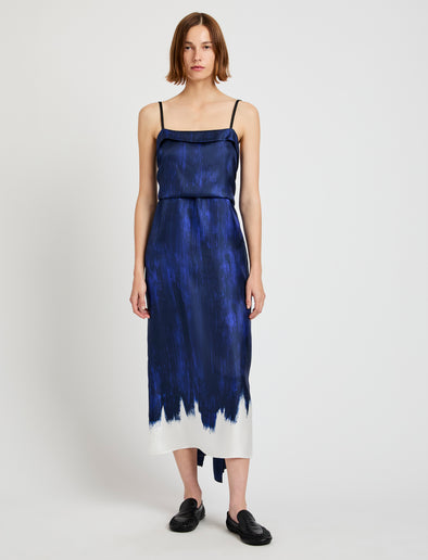 Proenza Schouler Front full length image of model wearing Wilma Dress in Double Printed Silk Twill in Cobalt Multi with back straps tied