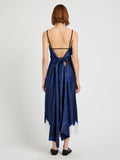Proenza Schouler Back full length image of model wearing Wilma Dress in Double Printed Silk Twill in Cobalt Multi with back straps tied