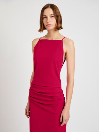 Proenza Schouler Detail image of model wearing Priya Dress in Bi-Stretch Cotton Nylon in Orchid