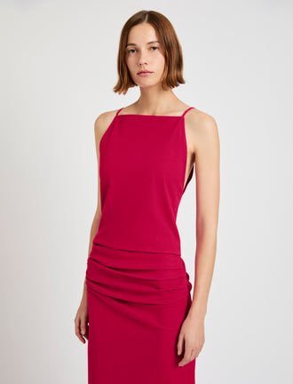 Proenza Schouler Detail image of model wearing Priya Dress in Bi-Stretch Cotton Nylon in Orchid