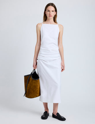 Proenza Schouler Front full length image of model wearing Priya Dress in Bi-Stretch Cotton Nylon in Off White