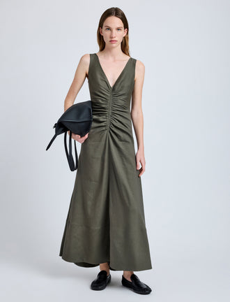 Proenza Schouler Front full length image of model wearing Remi Dress in Eco Stretch Linen Viscose in Fatigue