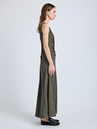 Proenza Schouler Side full length image of model wearing Remi Dress in Eco Stretch Linen Viscose in Fatigue