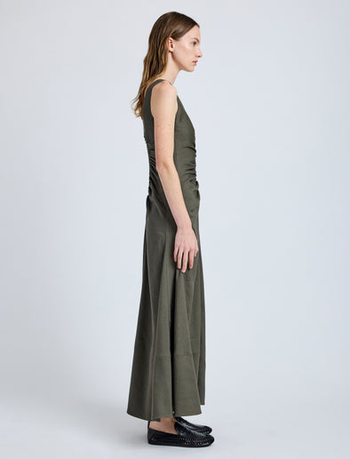 Proenza Schouler Side full length image of model wearing Remi Dress in Eco Stretch Linen Viscose in Fatigue