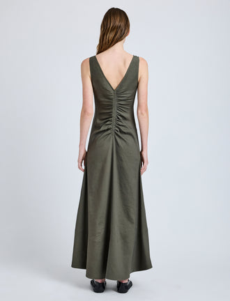 Proenza Schouler Back full length image of model wearing Remi Dress in Eco Stretch Linen Viscose in Fatigue