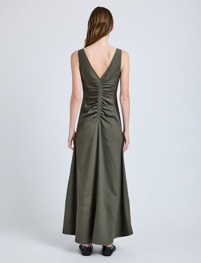 Proenza Schouler Back full length image of model wearing Remi Dress in Eco Stretch Linen Viscose in Fatigue