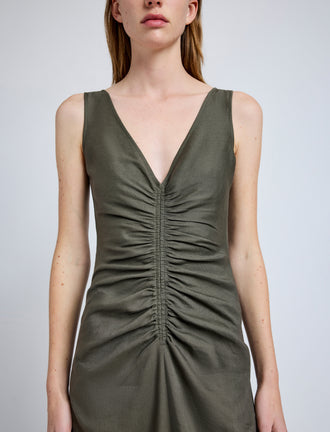 Proenza Schouler Detail image of model wearing Remi Dress in Eco Stretch Linen Viscose in Fatigue