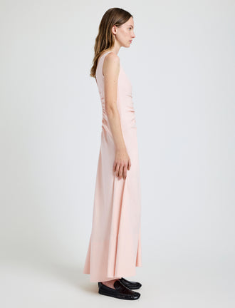 Proenza Schouler Side full length image of model wearing Remi Dress in Eco Stretch Linen Viscose in Pale Pink
