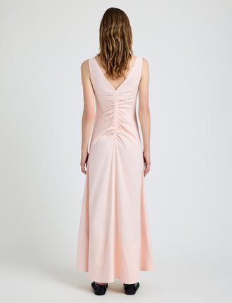 Proenza Schouler Back full length image of model wearing Remi Dress in Eco Stretch Linen Viscose in Pale Pink