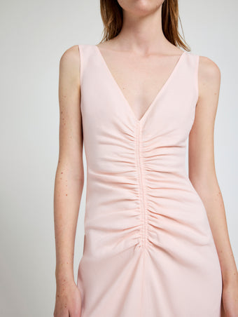 Proenza Schouler Detail image of model wearing Remi Dress in Eco Stretch Linen Viscose in Pale Pink