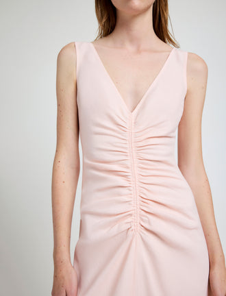 Proenza Schouler Detail image of model wearing Remi Dress in Eco Stretch Linen Viscose in Pale Pink
