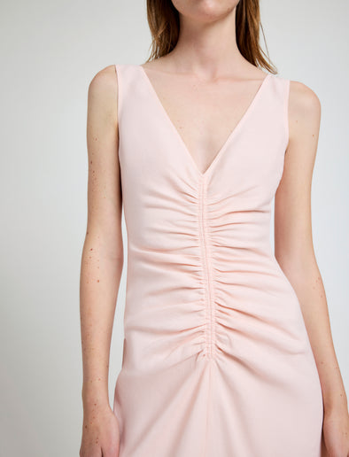 Proenza Schouler Detail image of model wearing Remi Dress in Eco Stretch Linen Viscose in Pale Pink
