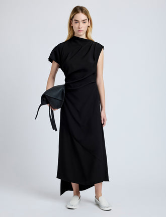 Proenza Schouler Front full length image of model wearing Hallie Dress in Hammered Viscose in Black